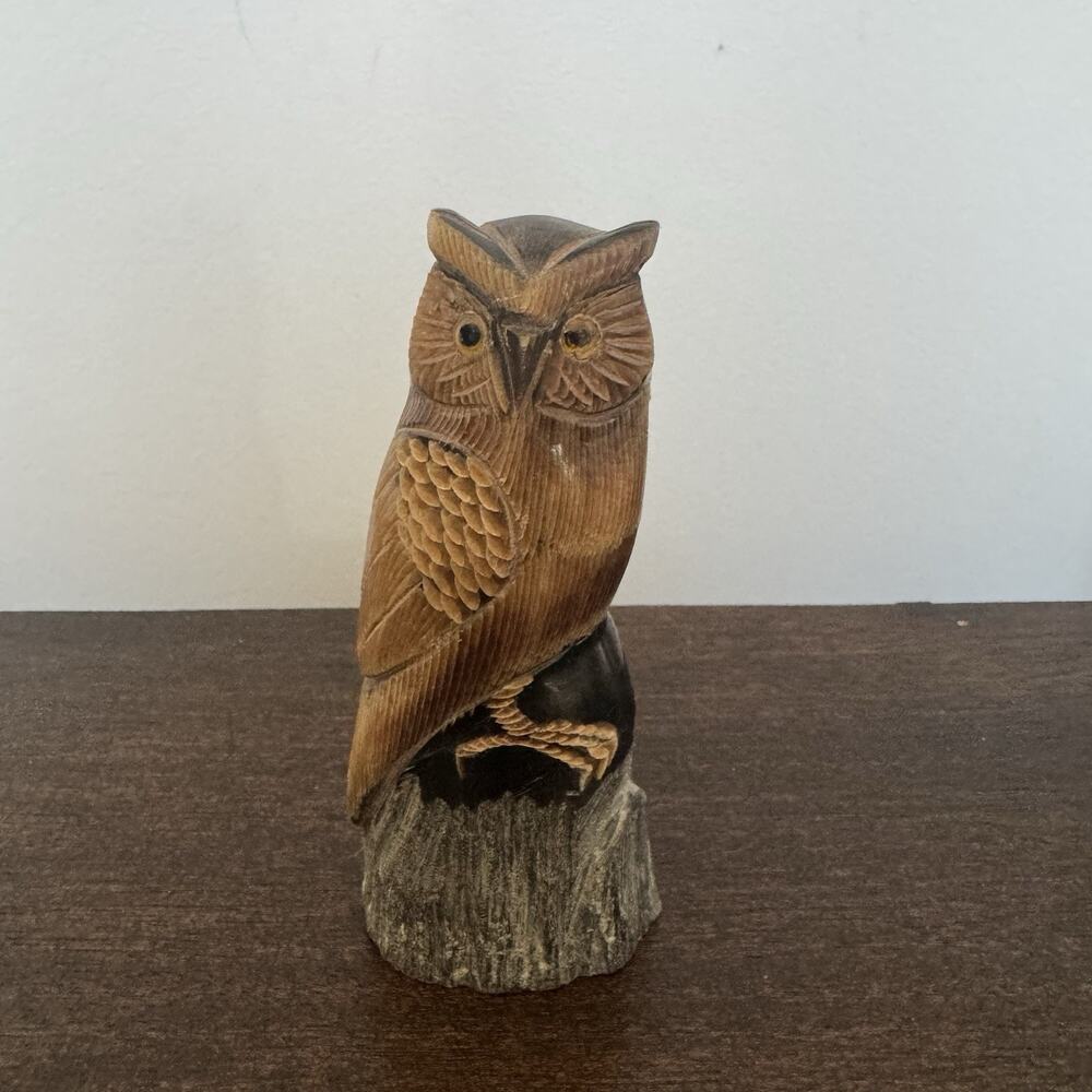 Hand Carved Owl Water Buffalo Horn Bird Figurine Acquired in Italy Gufo Artisan